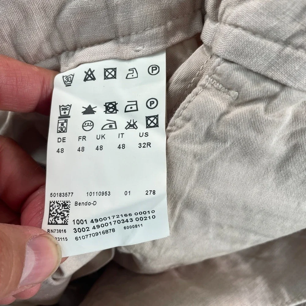 HUGO BOSS Bendo D Cargo Pants Men 34x35 (Tag 32) Beige 100% Linen Designer NWOT